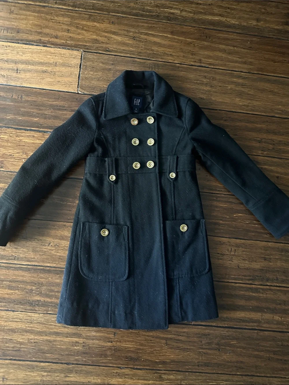 GAP Black Double-Breasted Pea Coat with Gold Buttons